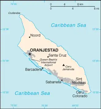 Aruba Map graphic showing major cities and names of neighboring countries