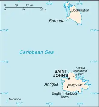 Antigua and Barbuda Map graphic showing major cities and names of neighboring countries