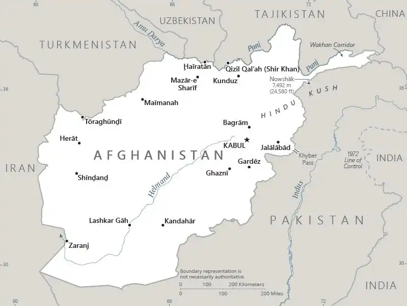 Afghanistan Map graphic showing major cities and names of neighboring countries