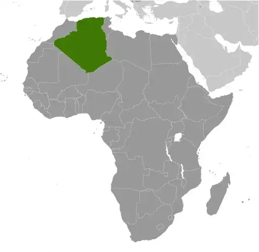Locator Map of Algeria showing the country on the continent in color