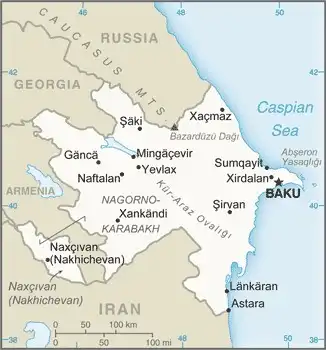 Azerbaijan Map graphic showing major cities and names of neighboring countries