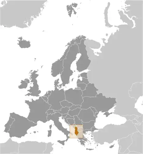 Locator Map of Albania showing the country on the continent in color