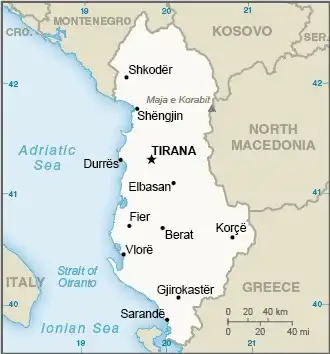 Albania Map graphic showing major cities and names of neighboring countries
