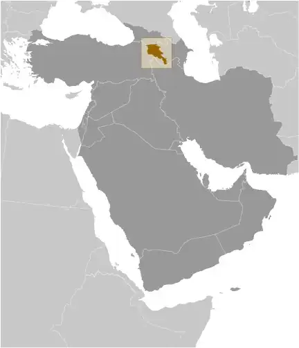 Locator Map of Armenia showing the country on the continent in color
