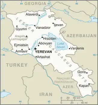 Armenia Map graphic showing major cities and names of neighboring countries