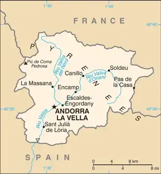 Andorra Map graphic showing major cities and names of neighboring countries