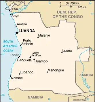 Angola Map graphic showing major cities and names of neighboring countries
