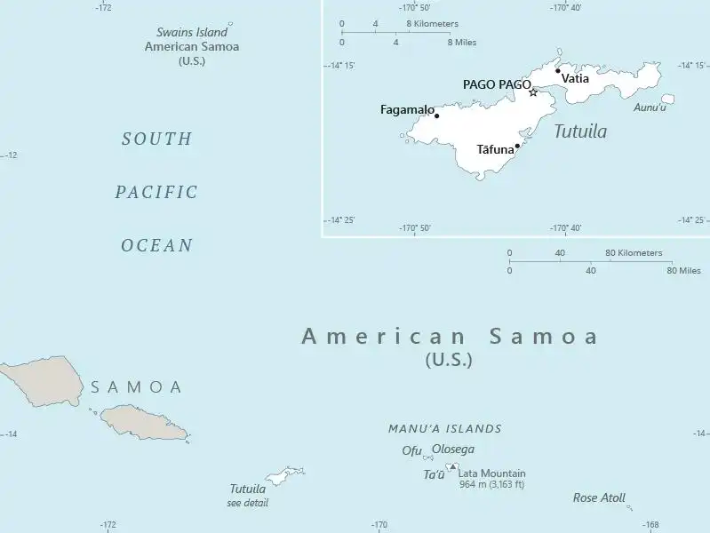 American Samoa Map graphic showing major cities and names of neighboring countries