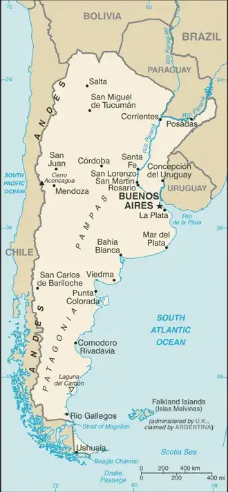 Argentina Map graphic showing major cities and names of neighboring countries