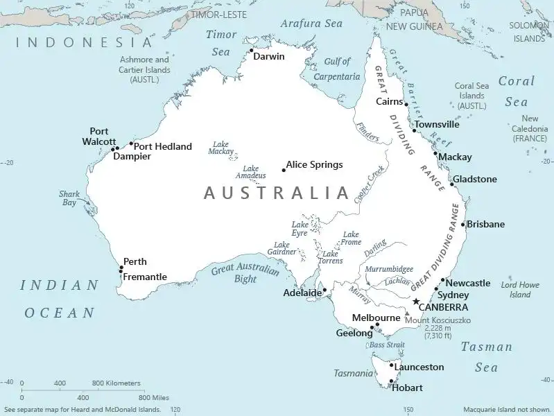 Australia Map graphic showing major cities and names of neighboring countries