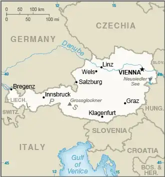 Austria Map graphic showing major cities and names of neighboring countries