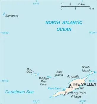 Anguilla Map graphic showing major cities and names of neighboring countries