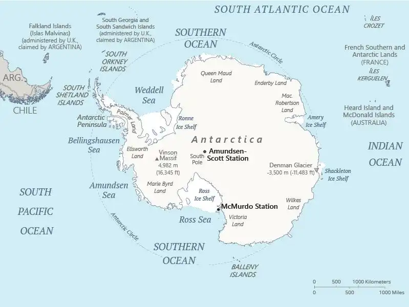 Antarctica Map graphic showing major cities and names of neighboring countries