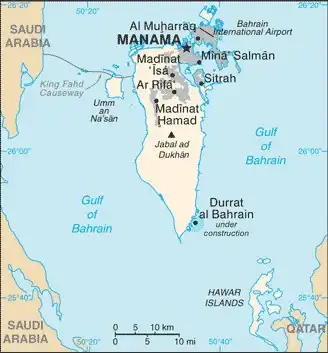 Bahrain Map graphic showing major cities and names of neighboring countries