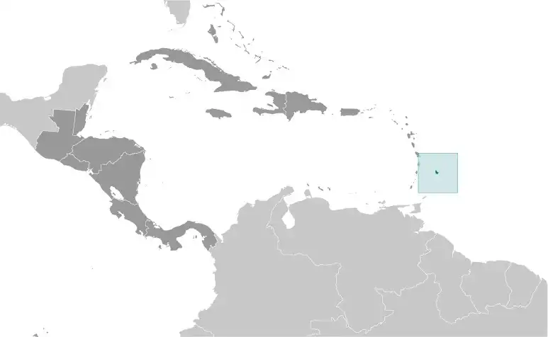 Locator Map of Barbados showing the country on the continent in color