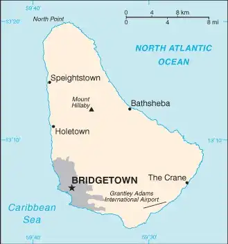 Barbados Map graphic showing major cities and names of neighboring countries