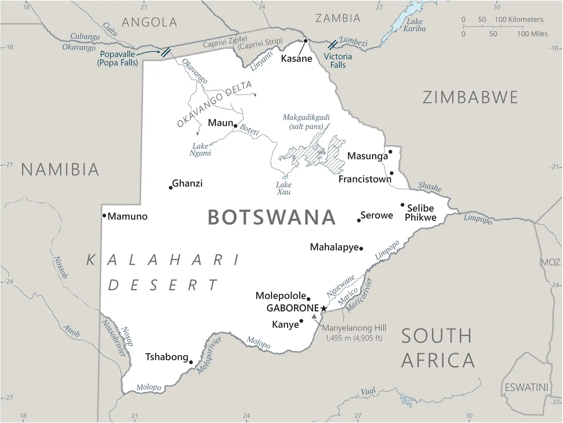 Botswana Map graphic showing major cities and names of neighboring countries