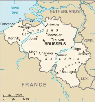 Belgium Map graphic showing major cities and names of neighboring countries