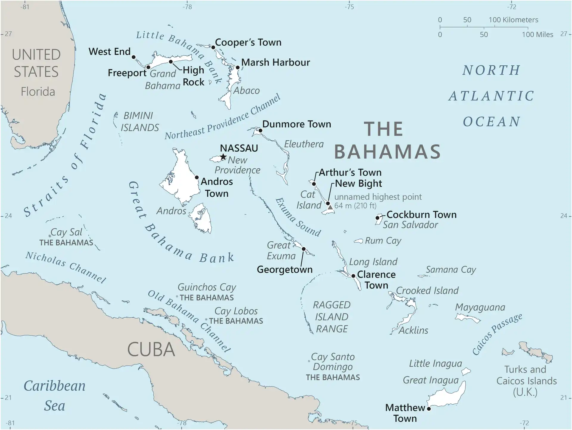 The Bahamas Map graphic showing major cities and names of neighboring countries
