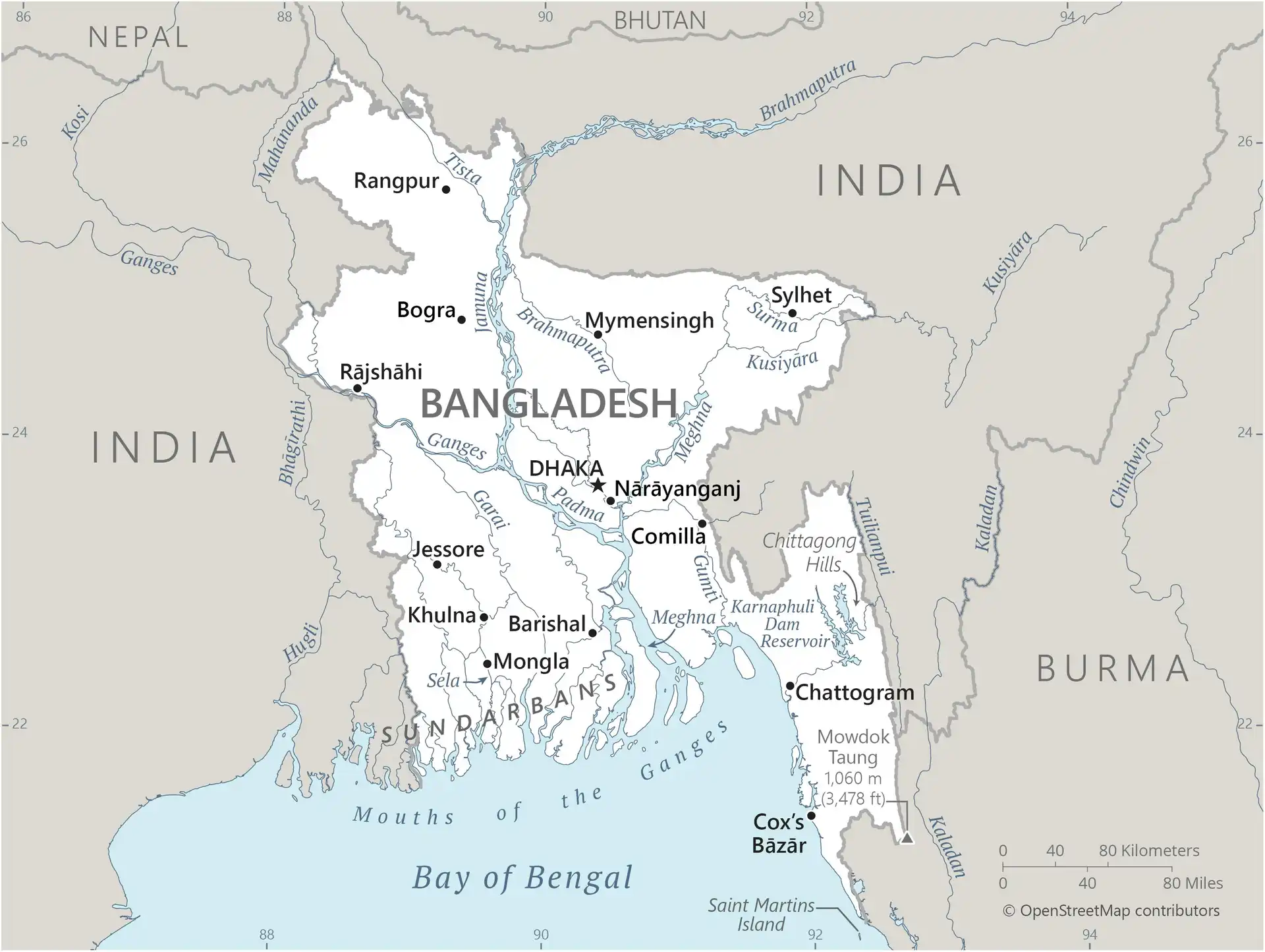 Bangladesh Map graphic showing major cities and names of neighboring countries