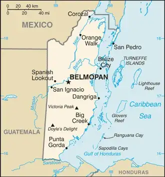 Belize Map graphic showing major cities and names of neighboring countries