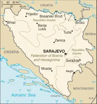 Bosnia and Herzegovina Map graphic showing major cities and names of neighboring countries