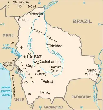 Bolivia Map graphic showing major cities and names of neighboring countries