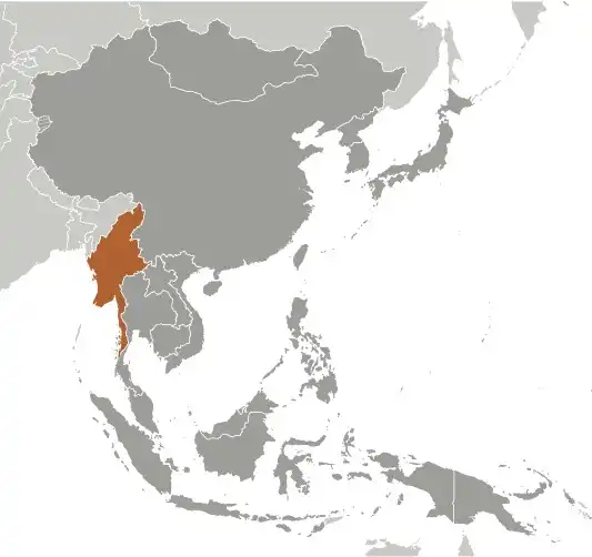 Locator Map of Burma showing the country on the continent in color
