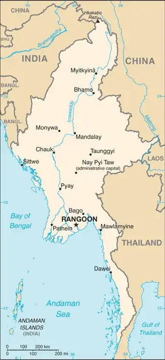 Burma Map graphic showing major cities and names of neighboring countries