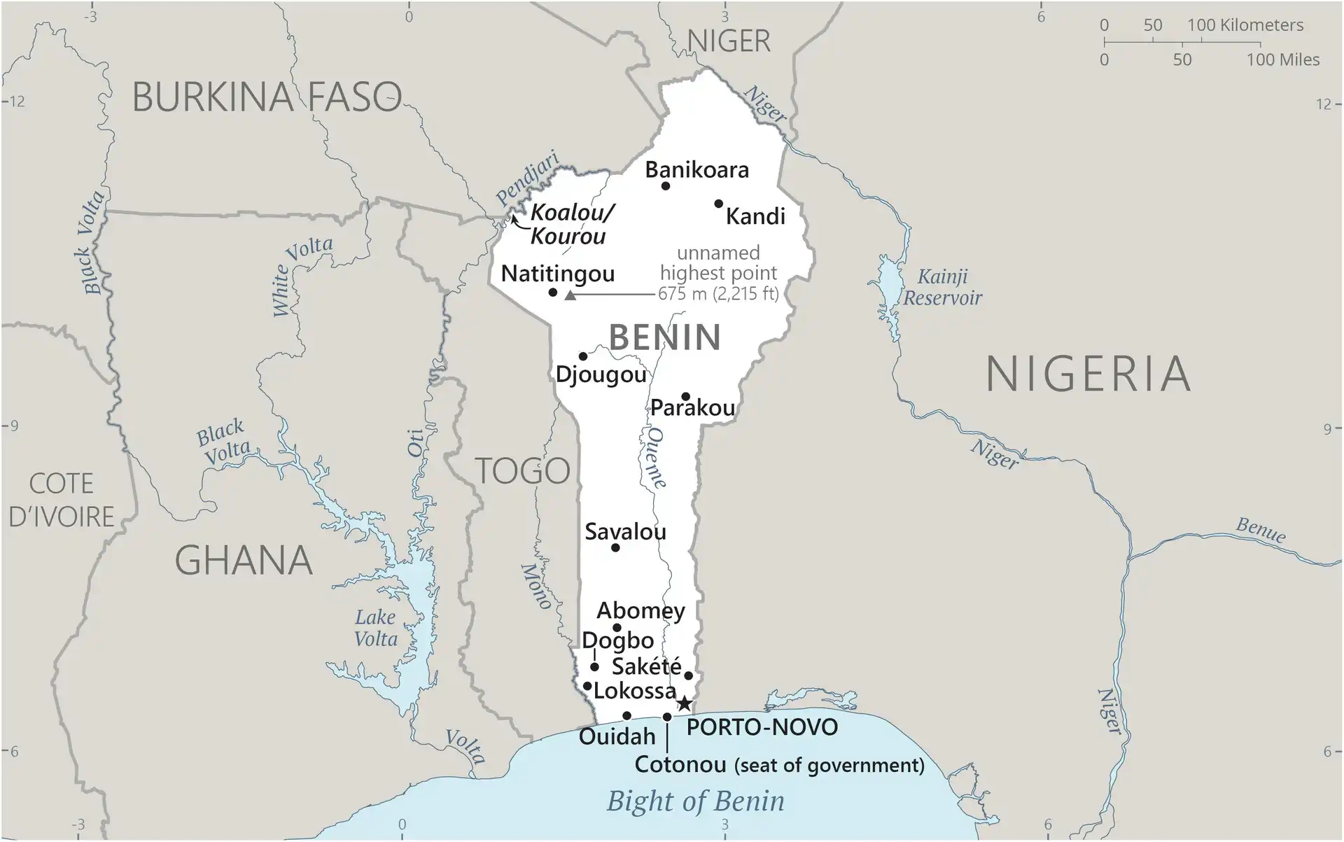 Benin Map graphic showing major cities and names of neighboring countries