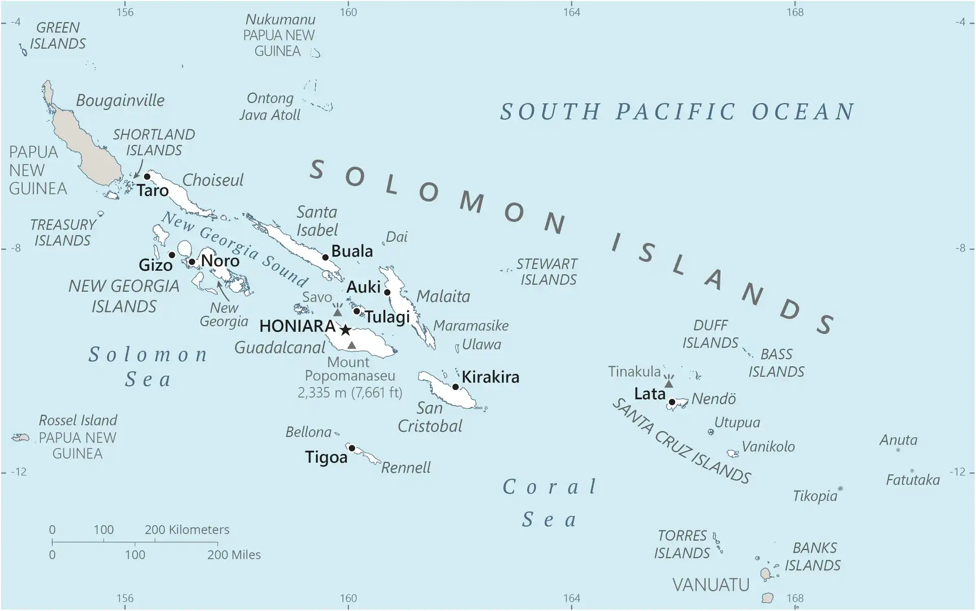 Solomon Islands Map graphic showing major cities and names of neighboring countries