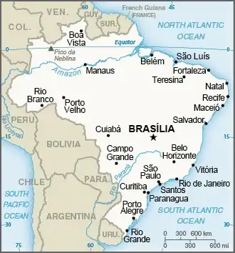 Brazil Map graphic showing major cities and names of neighboring countries