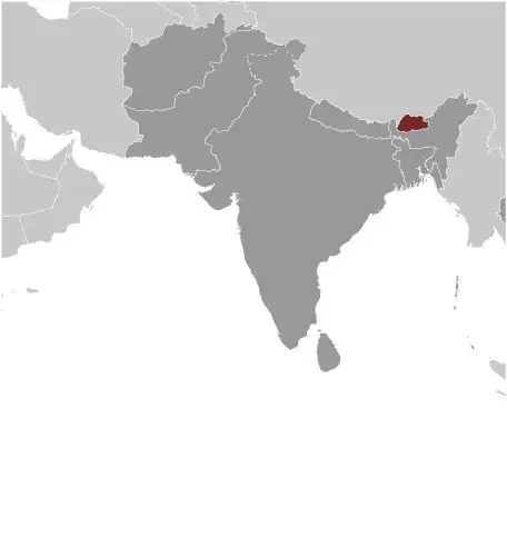 Locator Map of Bhutan showing the country on the continent in color