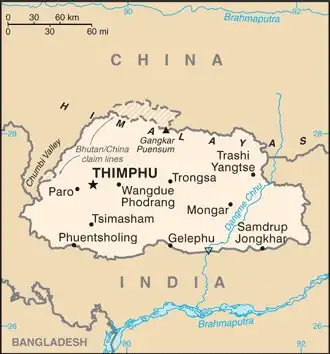 Bhutan Map graphic showing major cities and names of neighboring countries
