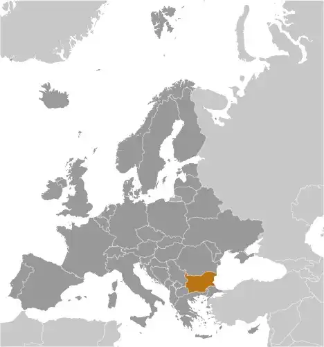Locator Map of Bulgaria showing the country on the continent in color