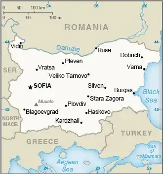 Bulgaria Map graphic showing major cities and names of neighboring countries