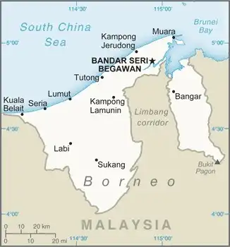 Brunei Map graphic showing major cities and names of neighboring countries