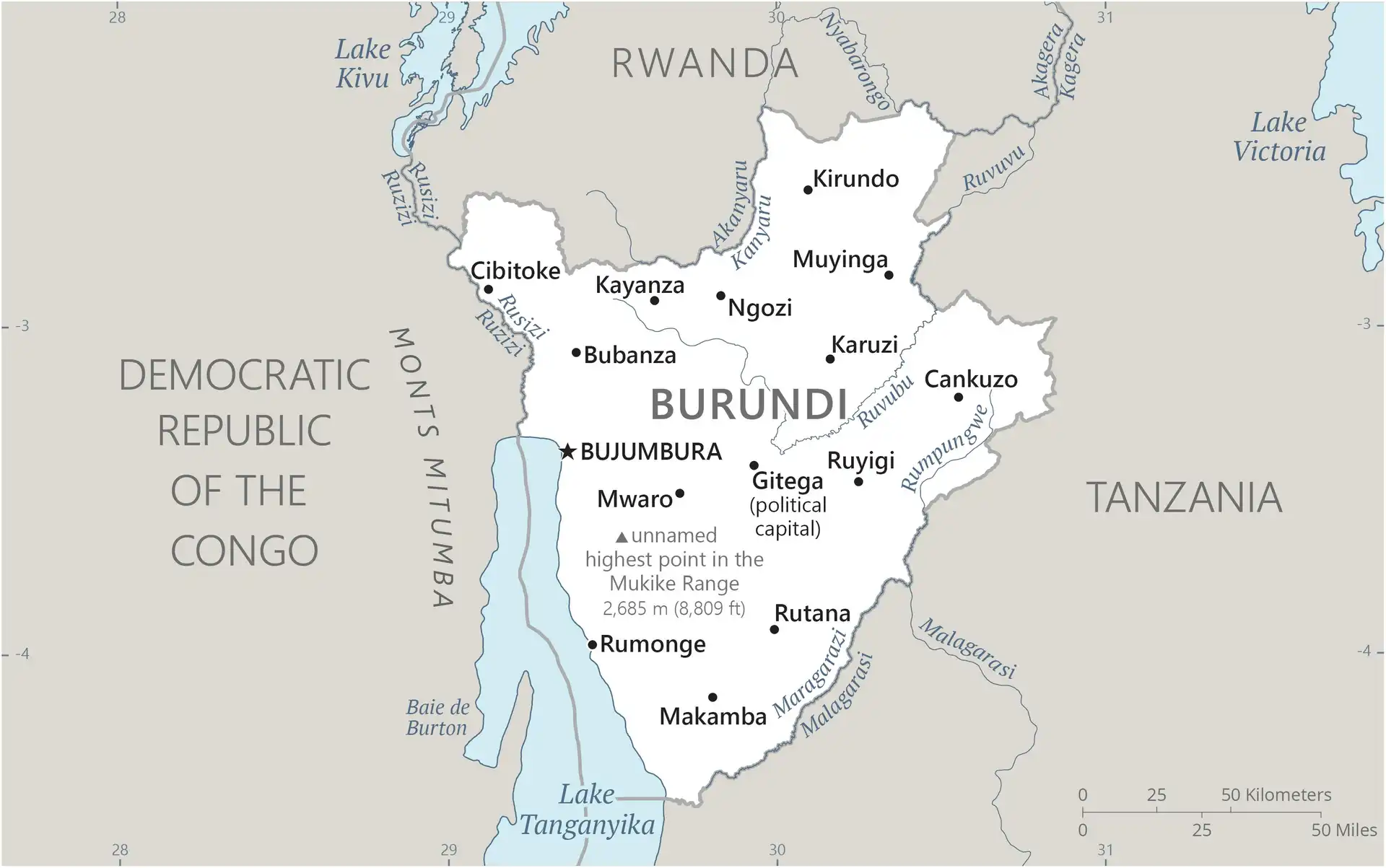 Burundi Map graphic showing major cities and names of neighboring countries