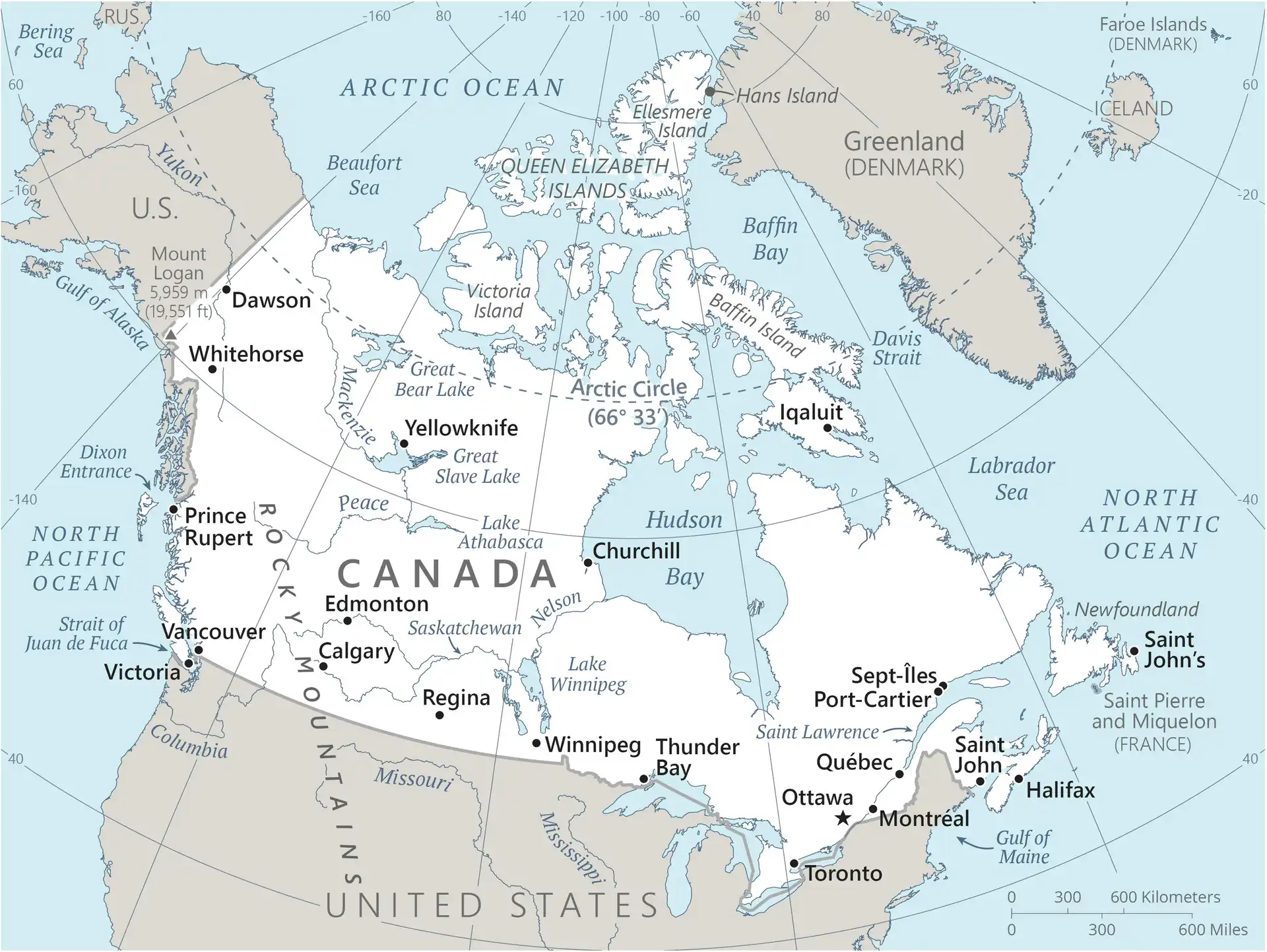 Canada Map graphic showing major cities and names of neighboring countries