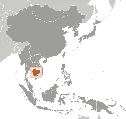 Locator Map of Cambodia showing the country on the continent in color