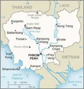 Cambodia Map graphic showing major cities and names of neighboring countries