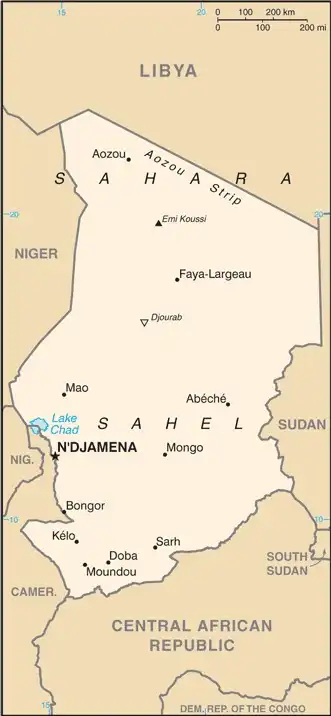 Chad Map graphic showing major cities and names of neighboring countries