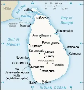 Sri Lanka Map graphic showing major cities and names of neighboring countries