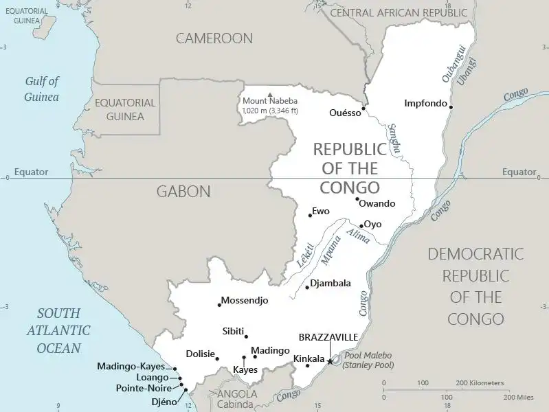 Congo (Brazzaville) Map graphic showing major cities and names of neighboring countries