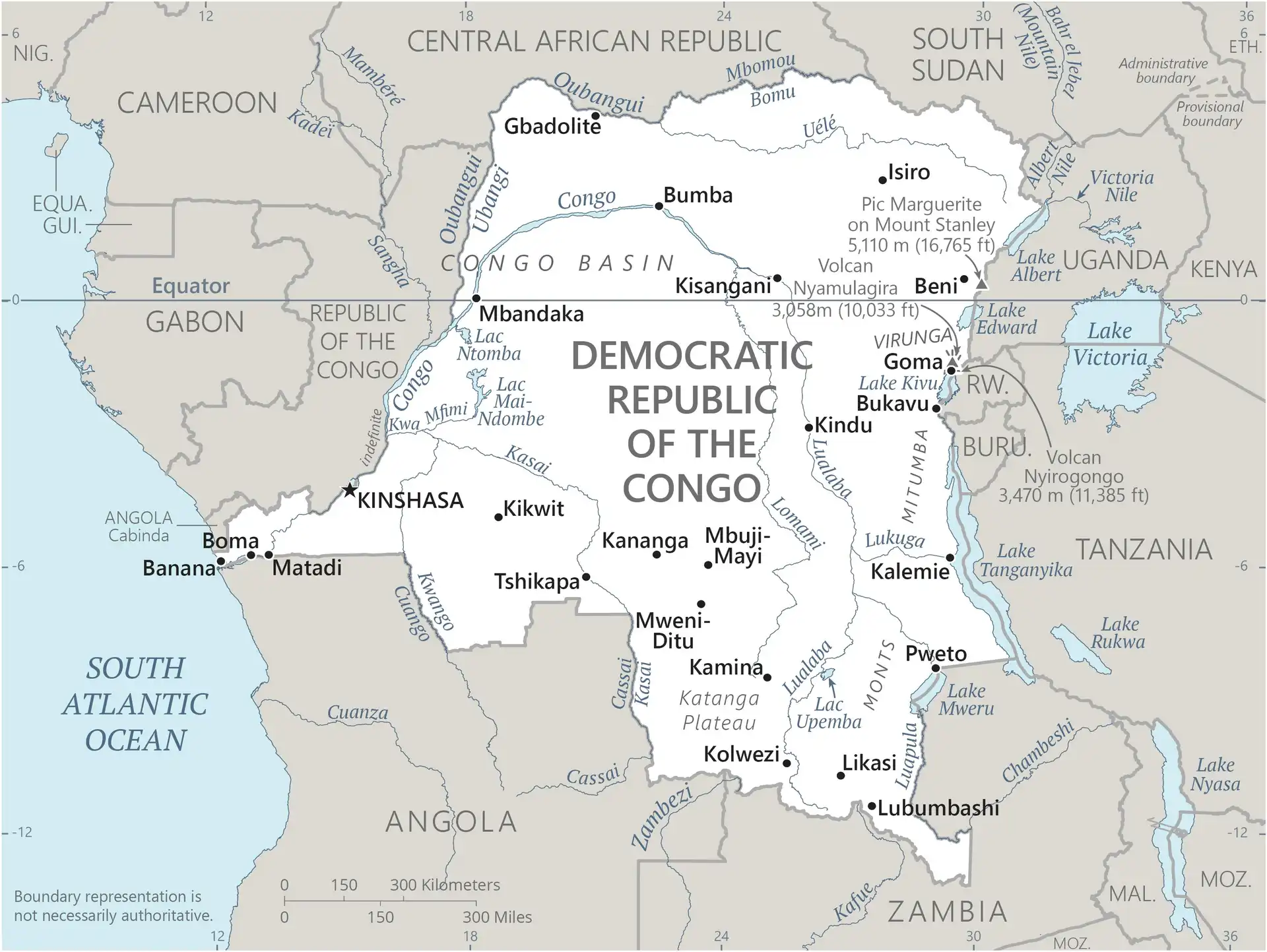 DRC Map graphic showing major cities and names of neighboring countries