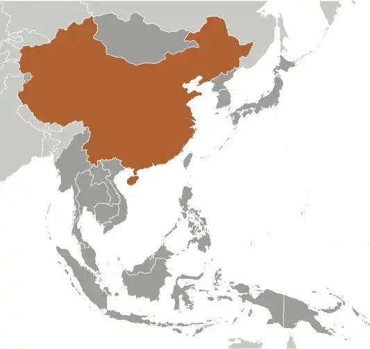 Locator Map of China showing the country on the continent in color