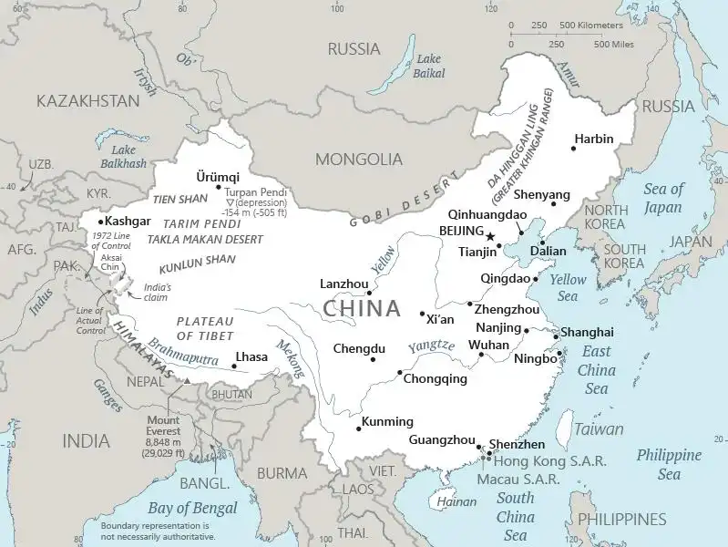 China Map graphic showing major cities and names of neighboring countries