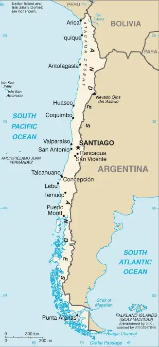 Chile Map graphic showing major cities and names of neighboring countries