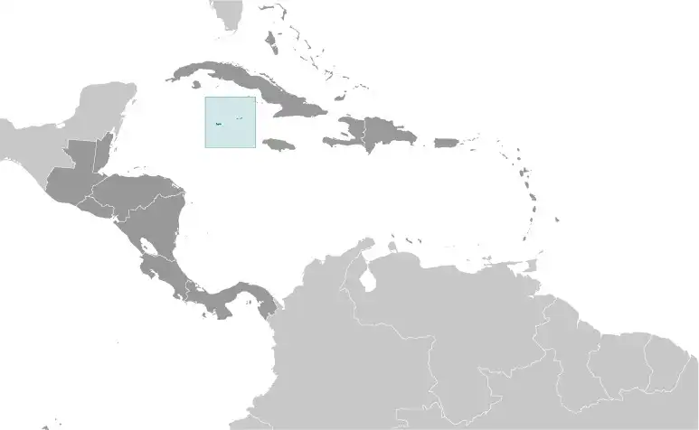 Locator Map of Cayman Islands showing the country on the continent in color