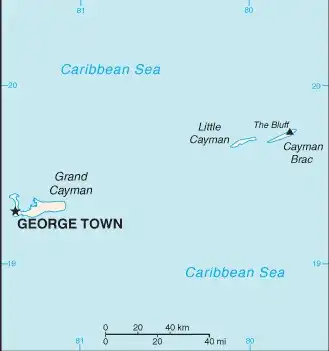 Cayman Islands Map graphic showing major cities and names of neighboring countries